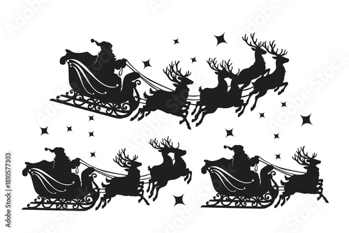 Vector illustration of Santa in sleigh with reindeer, Christmas silhouette style.