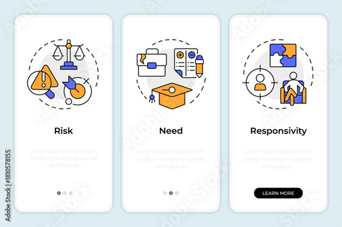 Risk need responsivity model onboarding mobile app screen. Jail management. Walkthrough 3 steps editable graphic instructions with linear concepts. UI, UX, GUI. Montserrat SemiBold, Regular fonts used