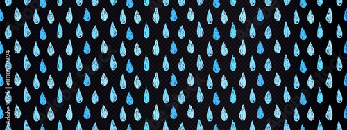 Blue hand drawn crayon raindrops on transparent background. Simple, sketchy water droplets in light and dark blue.