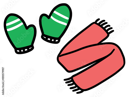 赤いマフラーと緑の手袋の防寒グッズのイラスト