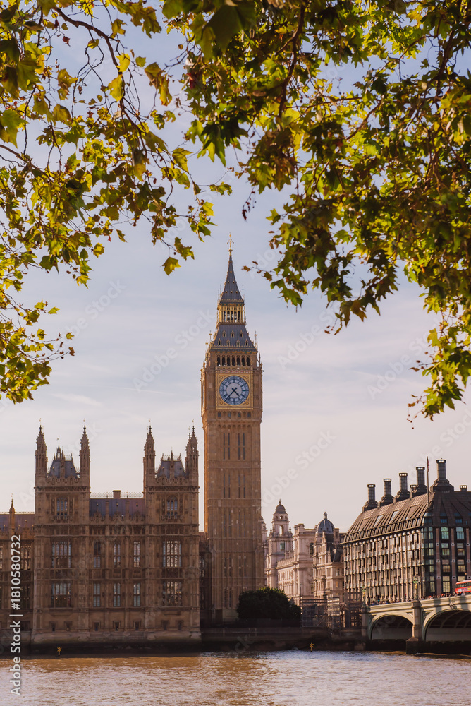 Fototapeta premium London, UK, 14 SEP 2023: Big Ben clock tower captured from within St. Thomas hospital Trust Park.
