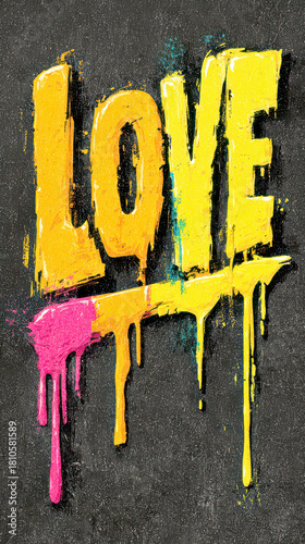 Vibrant Yellow Drip Paint Love Graffiti Art on Dark Textured Background