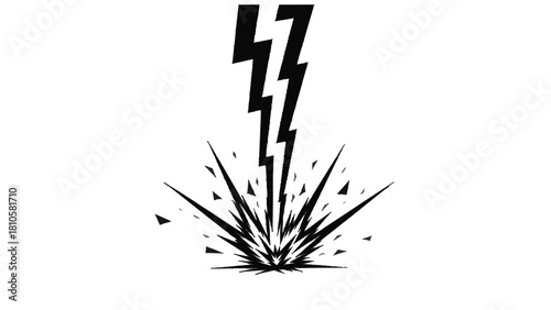 Vector illustration of black graphic illustration of a lightning bolt striking the ground causing an explosion or impact, isolated on transparent background 