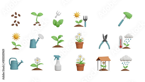 Vector illustration of collection of 3d isometric icon set for gardening and plant growth process isolated on transparent background 