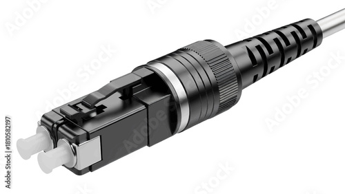 Vector illustration of close up of a black duplex lc fiber optic connector end with ferrules against a transparent background 