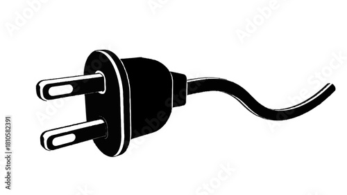 Vector illustration of black electrical power plug with two prong and attached cord isolated on transparent background 