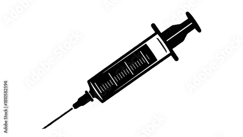 Vector illustration of black silhouette of a medical syringe with needle and plunger on a transparent background 