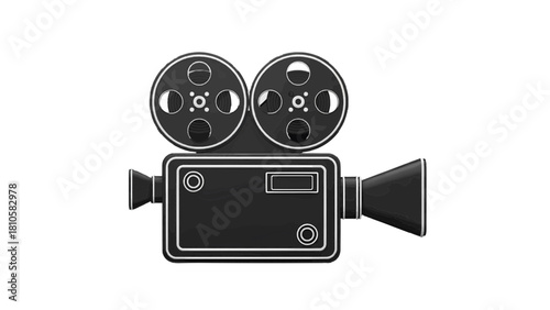 Vector illustration of black and white icon representing a vintage movie film camera with reels for cinema or video production isolated on transparent background 