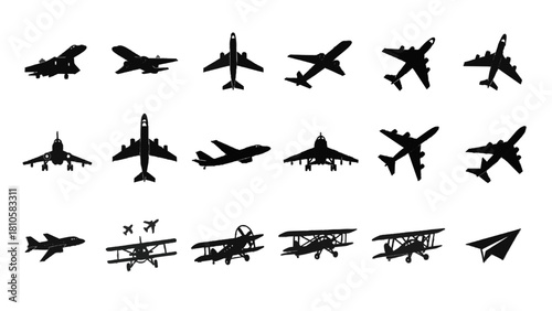 Vector illustration of collection of black and white silhouette icons representing various airplane types isolated on transparent background 