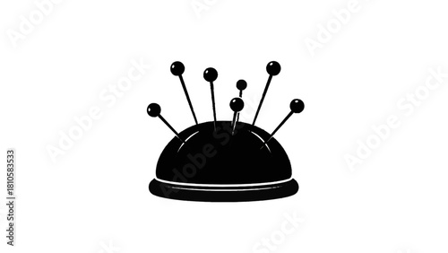 Vector illustration of black and white icon of a pincushion filled with several sewing pins, isolated on transparent background 