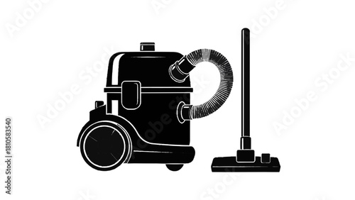 Vector illustration of black silhouette icon of a canister vacuum cleaner with hose and floor nozzle isolated on transparent background 