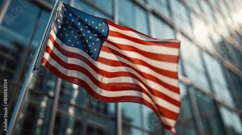 American flag waving proudly in front of a modern glass building on a sunny day.