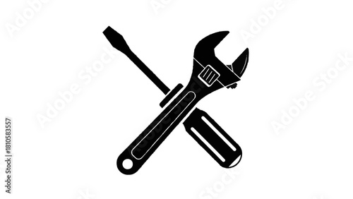 Vector illustration of black and white icon of a crossed adjustable wrench and screwdriver tool set, isolated on transparent background 