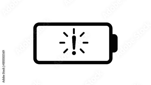 Vector illustration of simple black and white battery icon with an exclamation mark indicating low power or warning isolated on transparent background