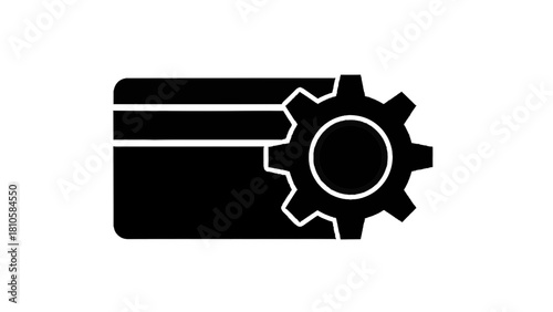 Vector illustration of black and white icon representing a credit card or bank card combined with a gear, isolated on transparent background 