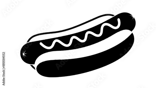 Vector illustration of simple black and white icon of a hot dog in a bun with a squiggle of mustard, isolated on transparent background
