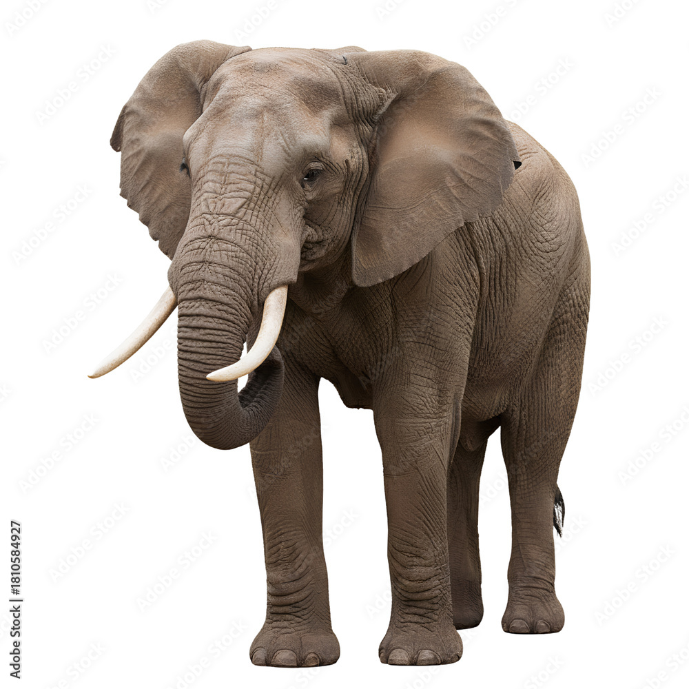 Fototapeta premium Majestic Elephant: A solitary African elephant stands tall, showcasing its impressive ivory tusks. Its presence evokes a sense of ancient power and serene composure.
