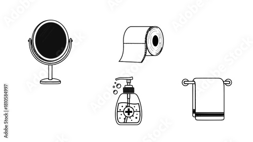 Vector illustration of set of four black and white line art icons for bathroom hygiene and grooming isolated on transparent background 