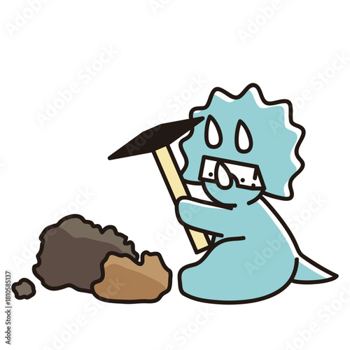 つるはしで採掘中のゴーグルをつけたベビートリケラトプスのイラスト