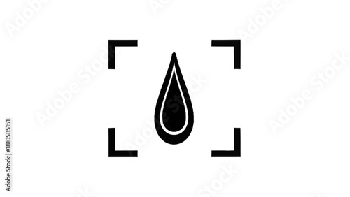 Vector illustration of black and white icon of a liquid drop inside a focus frame or target for photography or fluid concept isolated on transparent background 