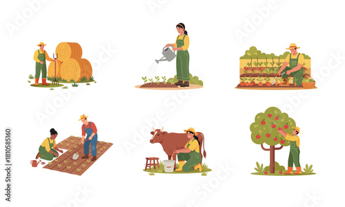 Flat Style Illustration of Farmer doing Agricultural Activities Character Design