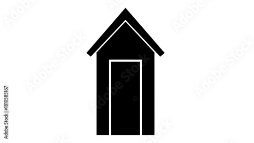 Vector illustration of simple black silhouette icon of an outdoor privy or outhouse structure with a peaked roof isolated on transparent background 