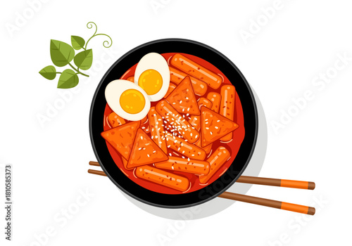 A top-down vector illustration showcases a savory bowl of Korean tteokbokki, featuring chewy rice cakes, triangular fish cakes, and boiled eggs swimming in spicy red sauce topped with sesame seeds