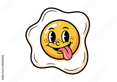 Retro Groovy Fried Egg Cartoon Mascot - Funny Breakfast Vector Art
