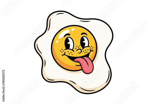 Retro Groovy Fried Egg Cartoon Mascot - Funny Breakfast Vector Art