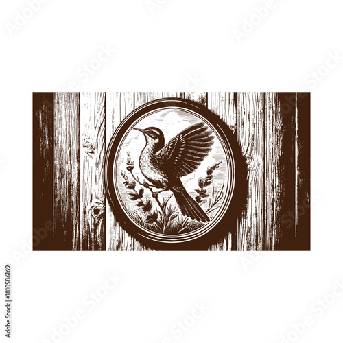 Vintage bird illustration on wooden background isolated on