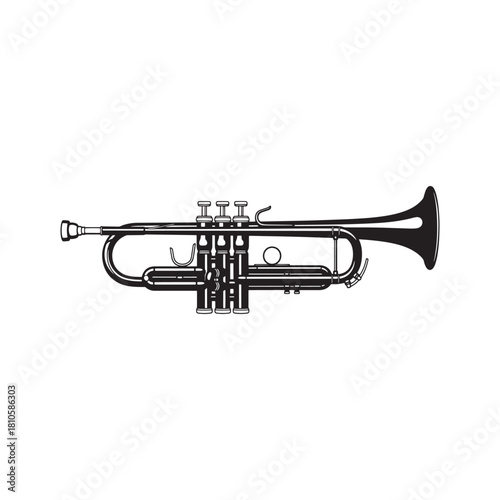 A Black Trumpet Isolated on a White Background, a Brass Instrument with Valves and a Bell