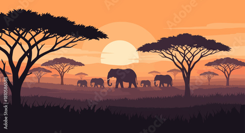 Illustrated African Savannah Landscape with Elephants Silhouette at Warm Sunset
