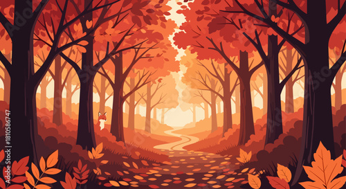 Stylized Cartoon Autumn Forest Landscape with Fox in a Warm Tone