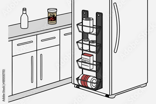 Organized kitchen interior featuring refrigerator storage with canned goods and food, emphasizing minimalist design and efficient space utilization for modern homes