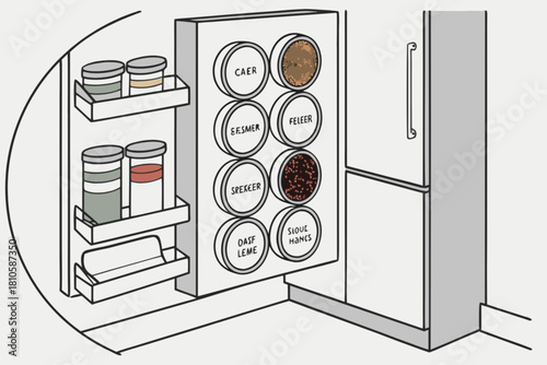 Organized kitchen spices in modern minimalist style, a charming illustration of culinary ingredients for cooking enthusiasts and home organization ideas