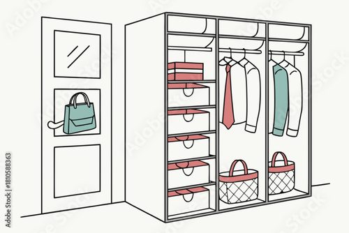 Organized closet with clothing and accessories, perfect for home organization and decluttering content, interior design blogs, and lifestyle publications