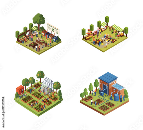 Isometric Illustration of Sustainable Living with Farm, Market, Garden and Water System
