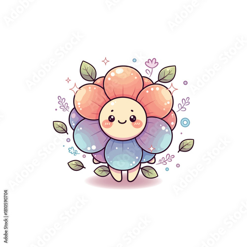 Cute smiling flower character with rosy cheeks and sparkling outlines, surrounded by leaves and small floral details