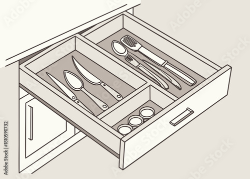 Organized kitchen cutlery drawer illustration for home design concepts, featuring spoons, knives, forks and measuring cups in a modern kitchen setting