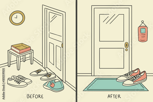 Organized entryway transformation showing before and after of clutter removal, offering a clean, minimalist home lifestyle for a fresh interior design