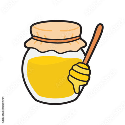 Jar of honey with dipper dripping nectar, capturing the golden sweetness, suitable for food, nature, and wellness concepts