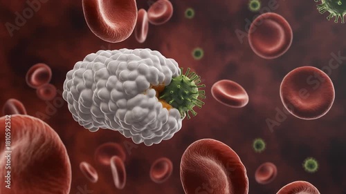 A white blood cell engulfing a green virus particle in the bloodstream, surrounded by red blood cells.