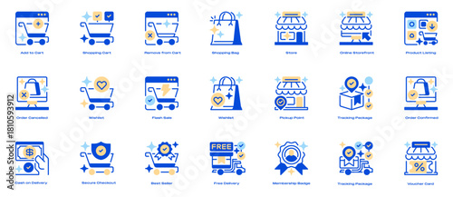 Online Shopping Icon Set Line Icons, Outline Symbols for Digital Purchasing, Product Browsing, Ecommerce Transactions, Customer Checkout, and Retail Operations. Vector Sign Collection.