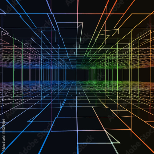 Abstract grid with perspective and rainbow gradient lines.