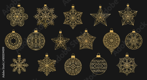 A collection of intricate golden Christmas ornaments, including stars, snowflakes, and baubles, on a dark background.