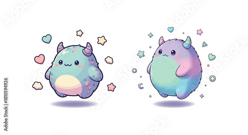 Charming Duo of Whimsical Pastel Cartoon Monsters, Embodying Cuteness and Playfulness with Horns, Hearts, and Stars in a Delightful Vector Art Style