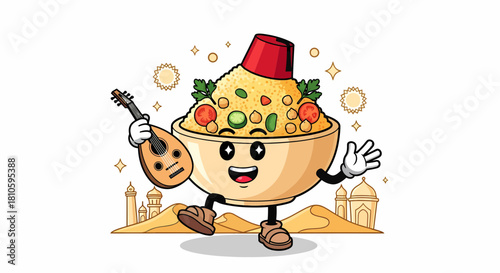 Cartoon couscous bowl character wearing a fez and playing a lute.