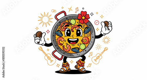 Happy Paella Pan Cartoon Character Dancing with Castanets.