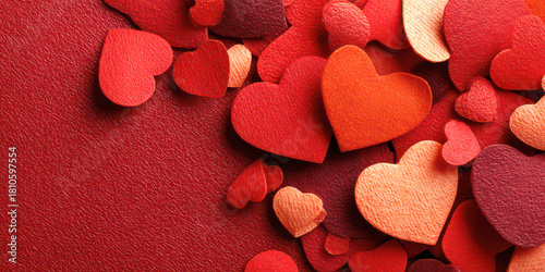 Abundance of Textured Red and Orange Paper Hearts on a Deep Red Surface