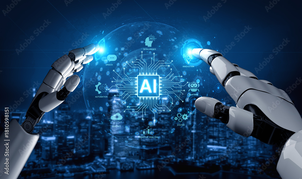 Obraz premium A generative AI assistant displays its core platform capabilities. This technology demonstrates its use in business automation, data analysis, and creating innovative solutions. Fermion